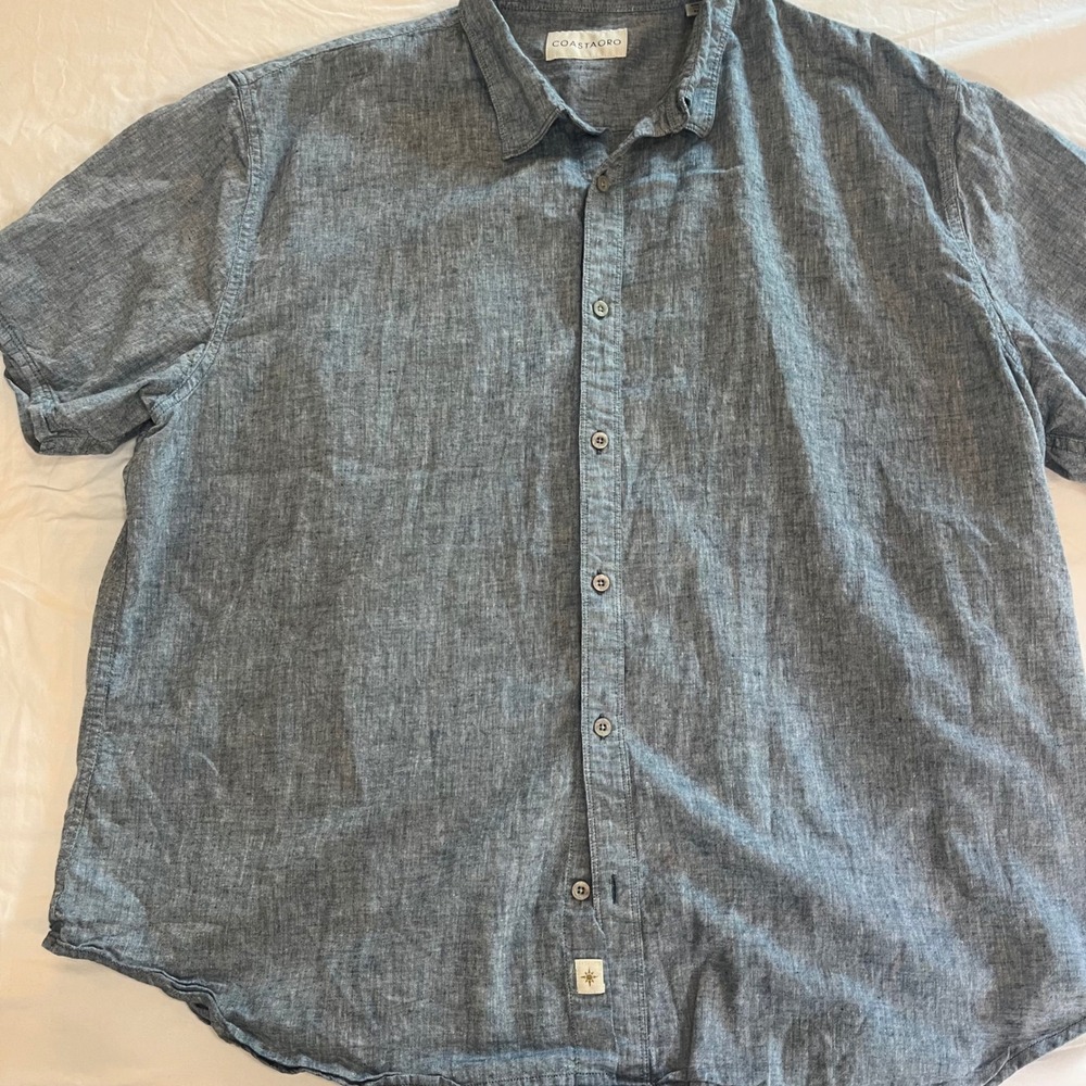 Coastaoro Men's Linen Blend Button Down Shirt XXL Blue Short Sleeve